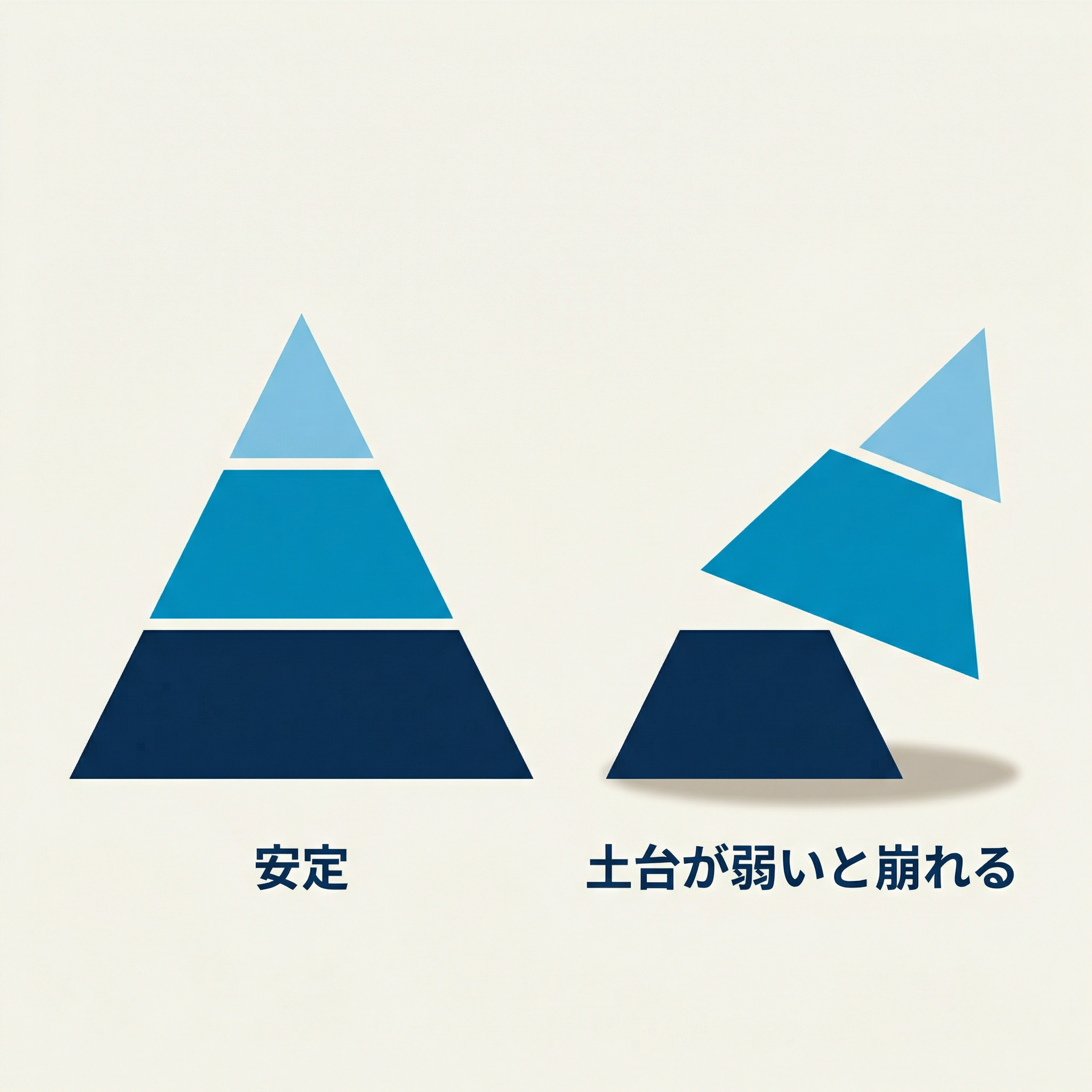 左右比較：左は安定、右は土台が細く傾いて崩れる
